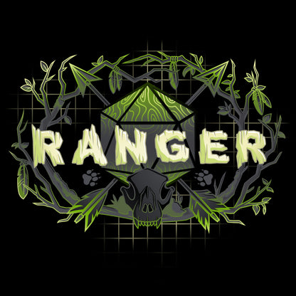 Premium Cotton T-shirt_TeeTurtle Ranger Class black t-shirt featuring an artistic "Ranger" word in front of a D20 dice with arrows going through and trees around it.