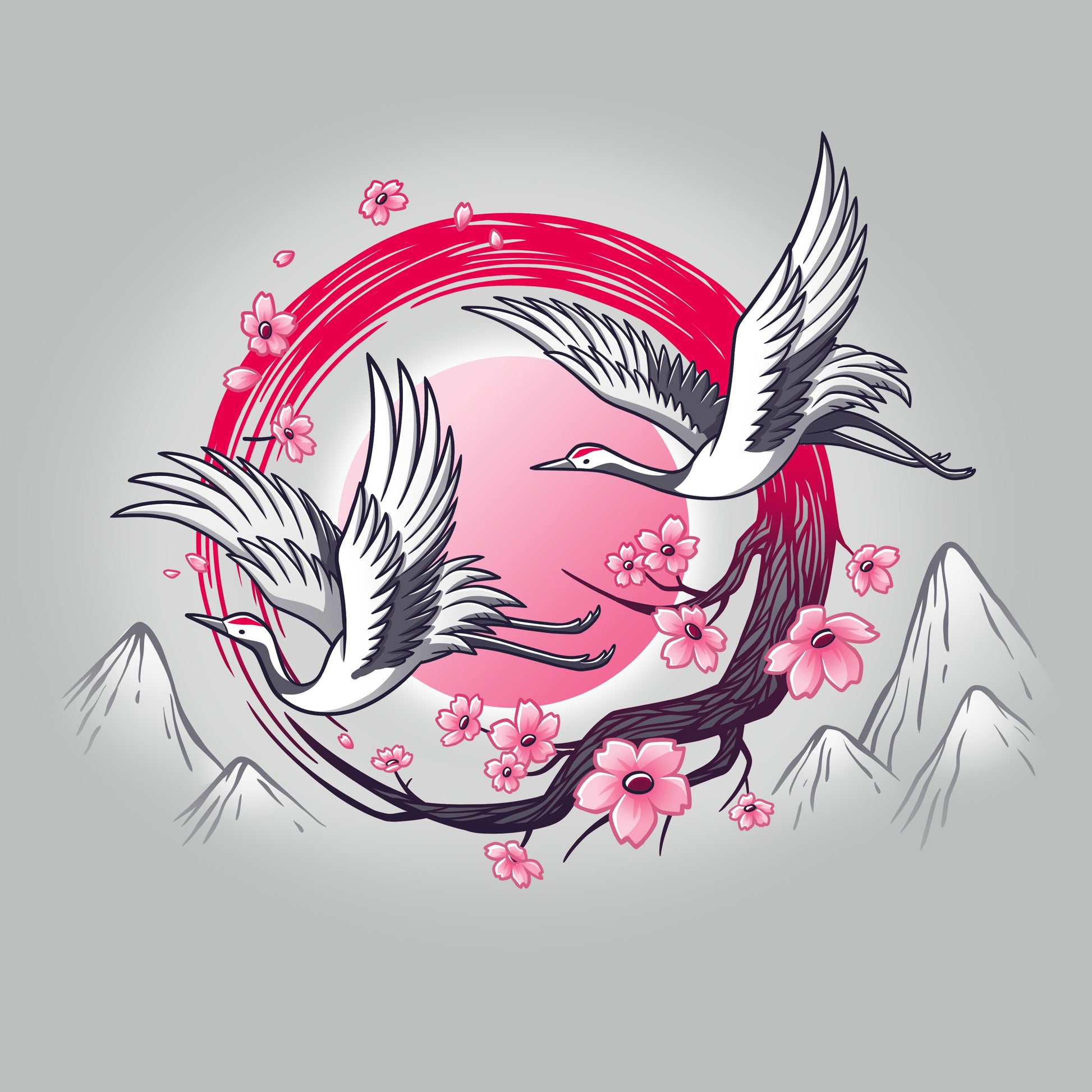 Premium Cotton T-shirt_TeeTurtle Red-Crowned Cranes silver gray t-shirt featuring an illustration of two cranes in flight with pink sakura blossoms, a red circular element, and stylized mountains in the background. 