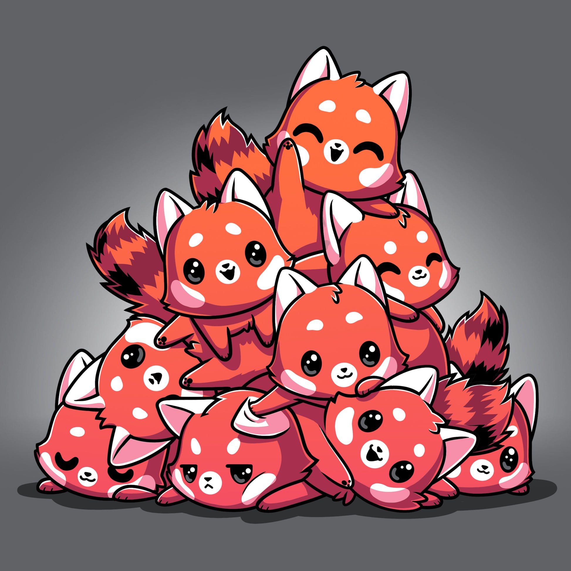 Premium Cotton T-shirt_TeeTurtle Red Panda Pile Charcoal Gray t-shirt featuring a pile of 9 red pandas of looking playful with one on top waving a paw and smiling.  