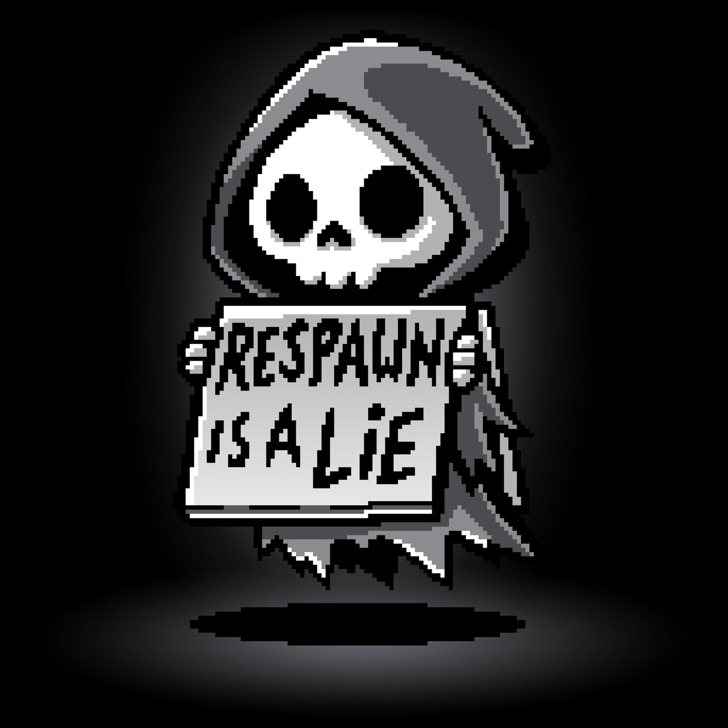 Premium Cotton T-shirt_TeeTurtle Respawn is a Lie black t-shirt featuring video game pixel art of a small grim reaper character holding a sign that reads "Respawn is a Lie" with a spotlight on the character.