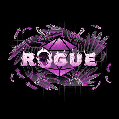 Premium Cotton T-shirt_TeeTurtle Rogue Class black t-shirt featuring an artistic "Rogue" word in front of a D20 with swords going through it surrounded by angel wings.