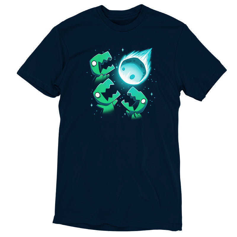 Premium Cotton T-shirt_TeeTurtle 3 T-Rex Asteroid navy blue t-shirt featuring Three dinosaurs look up at a glowing meteor tearing through a starry night sky.