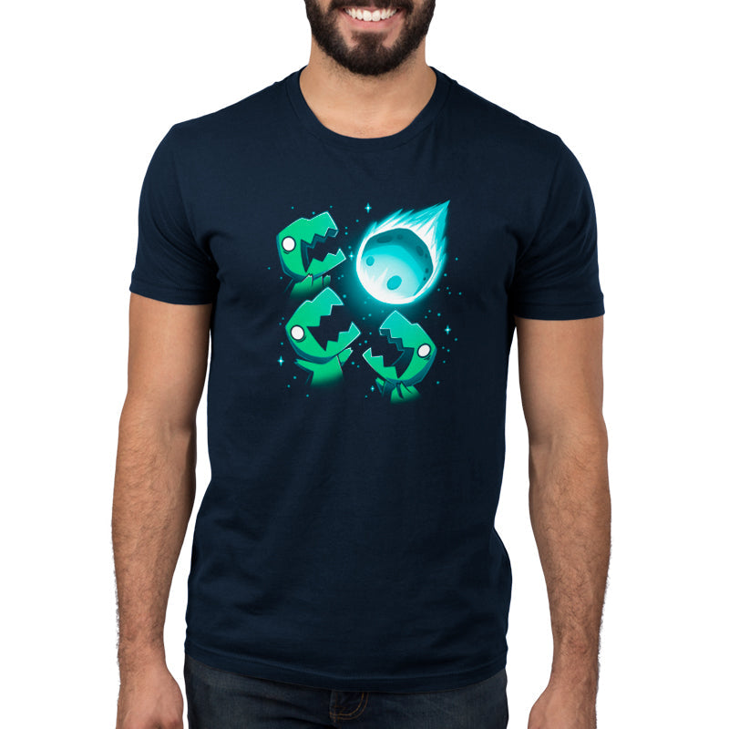 Premium Cotton T-shirt_TeeTurtle 3 T-Rex Asteroid navy blue t-shirt featuring Three dinosaurs look up at a glowing meteor tearing through a starry night sky.