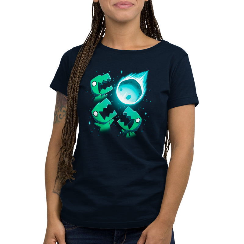 Premium Cotton T-shirt_TeeTurtle 3 T-Rex Asteroid navy blue t-shirt featuring Three dinosaurs look up at a glowing meteor tearing through a starry night sky.