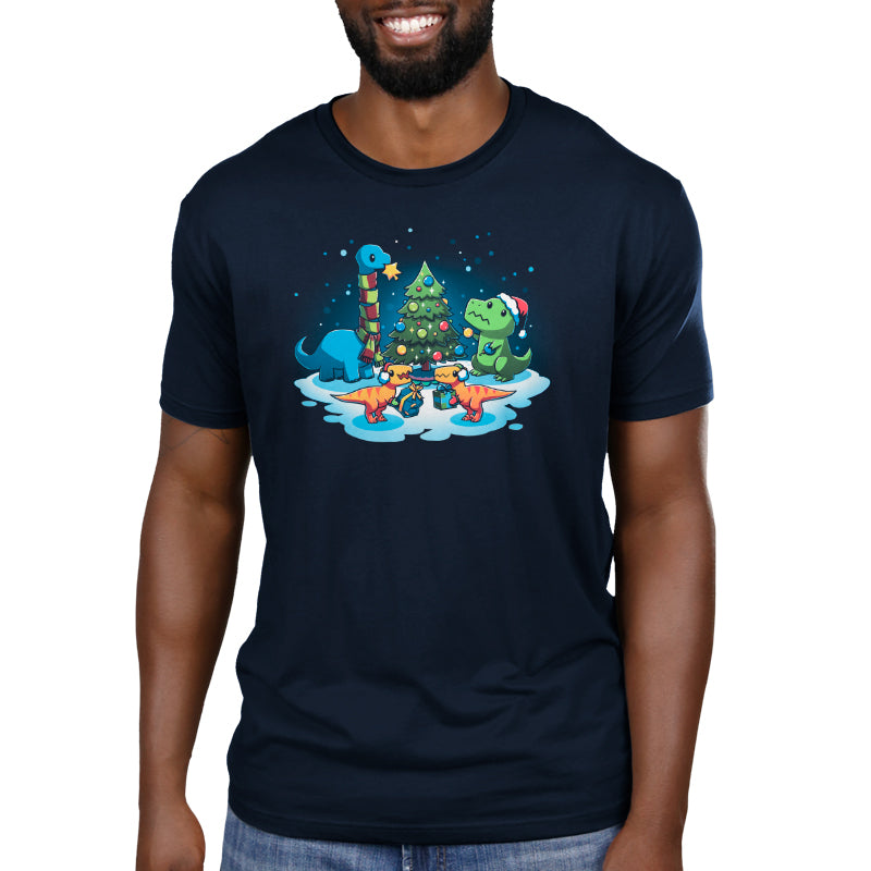 Premium Cotton T-shirt_TeeTurtle A Very Dino Christmas navy blue t-shirt featuring dinosaurs celebrating around a decorated Christmas tree with snow on the ground and dinosaurs holding presents.Premium Cotton T-shirt_TeeTurtle A Very Dino Christmas navy blue t-shirt featuring dinosaurs celebrating around a decorated Christmas tree with snow on the ground and dinosaurs holding presents.