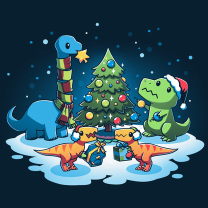 Premium Cotton T-shirt_TeeTurtle A Very Dino Christmas navy blue t-shirt featuring dinosaurs celebrating around a decorated Christmas tree with snow on the ground and dinosaurs holding presents.