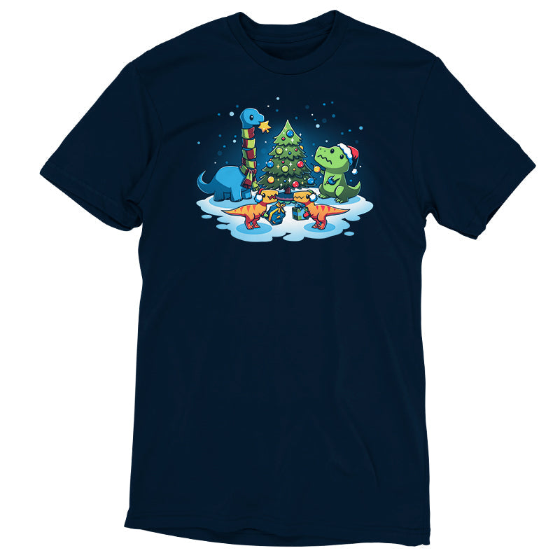 Premium Cotton T-shirt_TeeTurtle A Very Dino Christmas navy blue t-shirt featuring dinosaurs celebrating around a decorated Christmas tree with snow on the ground and dinosaurs holding presents.