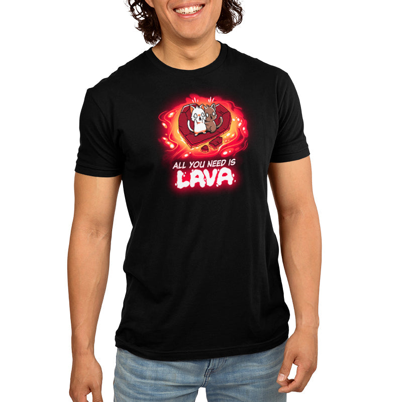 Premium Cotton T-shirt_TeeTurtle All You Need is Lava black t-shirt featuring two cats standing on a piece of stone in the shape of a heart floating on lava with a pun below.