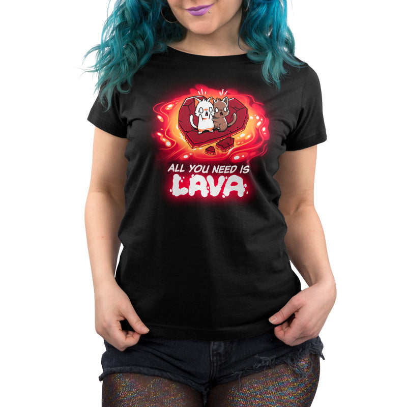 Premium Cotton T-shirt_TeeTurtle All You Need is Lava black t-shirt featuring two cats standing on a piece of stone in the shape of a heart floating on lava with a pun below.