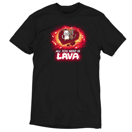 Premium Cotton T-shirt_TeeTurtle All You Need is Lava black t-shirt featuring two cats standing on a piece of stone in the shape of a heart floating on lava with a pun below.