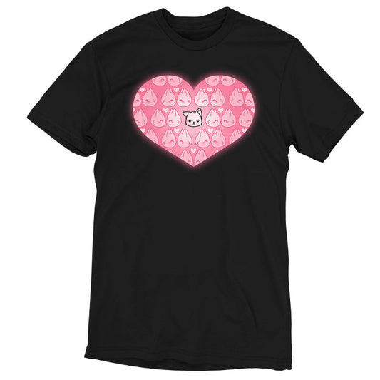 Premium Cotton T-shirt_TeeTurtle All by Meowself black t-shirt featuring multiple pink cats showing happy expressions surrounds a single central cat with a neutral expression.