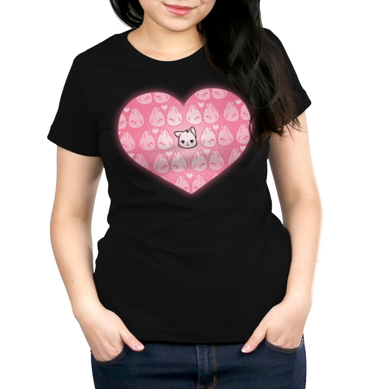 Premium Cotton T-shirt_TeeTurtle All by Meowself black t-shirt featuring multiple pink cats showing happy expressions surrounds a single central cat with a neutral expression.