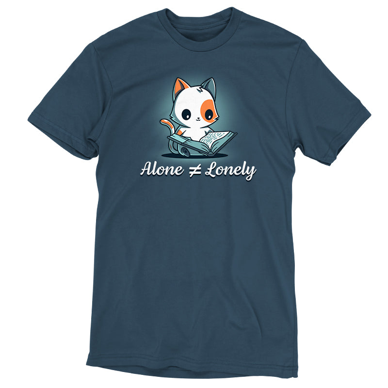 Premium Cotton T-shirt_TeeTurtle Alone Not Lonely denim blue t-shirt featuring cheerful cat reading a book.