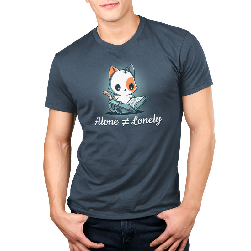 Premium Cotton T-shirt_TeeTurtle Alone Not Lonely denim blue t-shirt featuring cheerful cat reading a book.