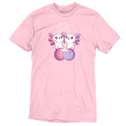 Premium Cotton T-shirt_TeeTurtle Alotl Love t-shirt featuring one pink and one blue axolotl holding hands underneath a heart-shaped bubble.