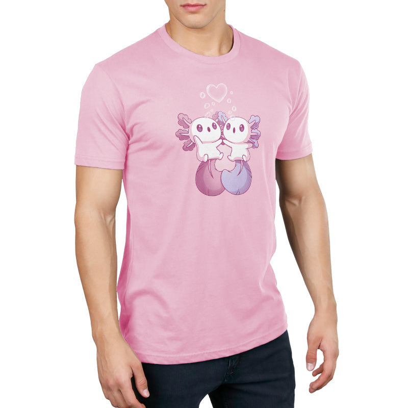 Premium Cotton T-shirt_TeeTurtle Alotl Love t-shirt featuring one pink and one blue axolotl holding hands underneath a heart-shaped bubble.