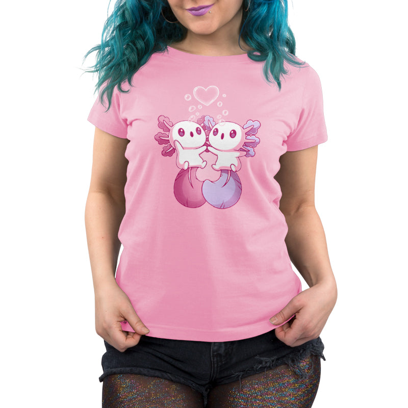 Premium Cotton T-shirt_TeeTurtle Alotl Love t-shirt featuring one pink and one blue axolotl holding hands underneath a heart-shaped bubble.