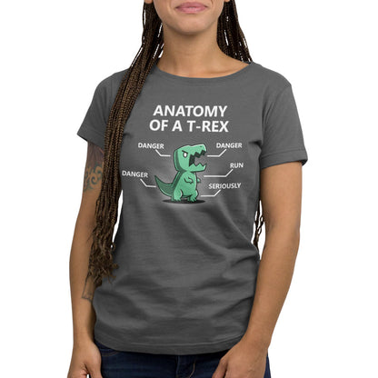 Premium Cotton T-shirt_Teeturtle Anatomy of a T-Rex charcoal gray t-shirt featuring a T-Rex with labels pointing to its head, arms, tail, and body. The labels read "DANGER" for the head, arms, and tail, "RUN" for its legs, and "SERIOUSLY" for its body. Text above reads "ANATOMY OF A T-REX". 