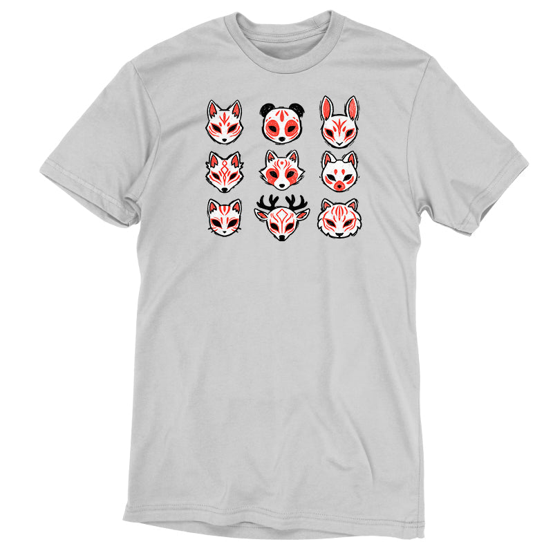 Premium Cotton T-shirt_TeeTurtle Animal Masks silver gray t-shirt featuring nine stylized animal masks, including foxes, a panda, a rabbit, a deer, and a tiger, each featuring red and black markings. 