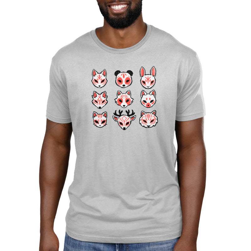 Premium Cotton T-shirt_TeeTurtle Animal Masks silver gray t-shirt featuring nine stylized animal masks, including foxes, a panda, a rabbit, a deer, and a tiger, each featuring red and black markings. 