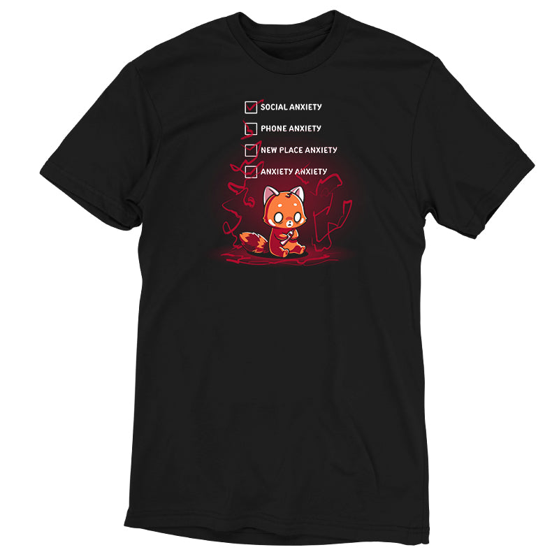 Premium Cotton T-shirt_TeeTurtle Anxiety Checklist black t-shirt featuring a red panda sits anxiously with checkboxes.