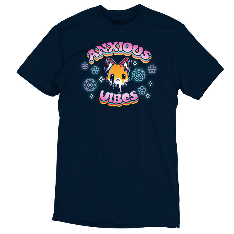 Premium Cotton T-shirt_TeeTurtle Anxious Vibes navy blue t-shirt featuring a fox with text "Anxious Vibes" above and below.