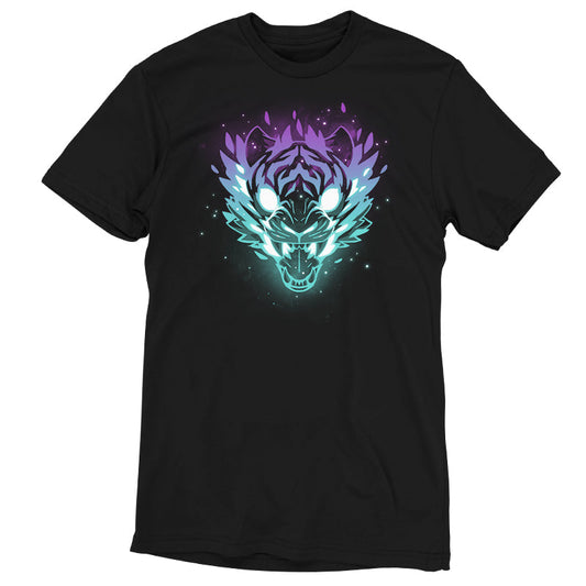 Premium Cotton T-shirt_TeeTurtle Astral Roar black t-shirt featuring a tiger head with neon blue and purple hues.