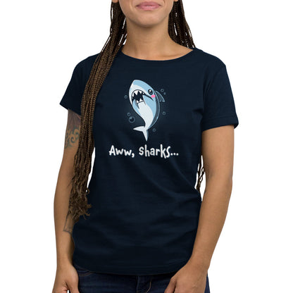 Premium Cotton T-shirt_TeeTurtle Aww, Sharks navy blue t-shirt featuring a cute cartoon shark with a blush on its face that swims with bubbles with a pun at the bottom that says, "Aww, Sharks". 