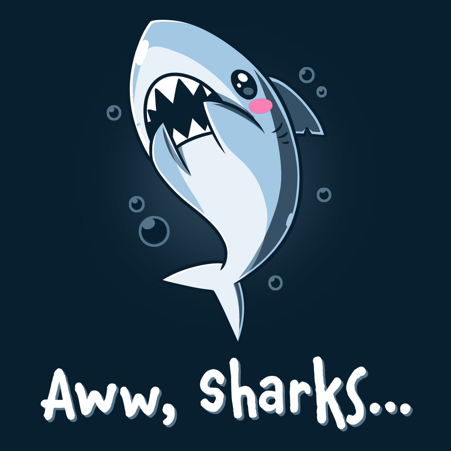 Premium Cotton T-shirt_TeeTurtle Aww, Sharks navy blue t-shirt featuring a cute cartoon shark with a blush on its face that swims with bubbles with a pun at the bottom that says, "Aww, Sharks". 