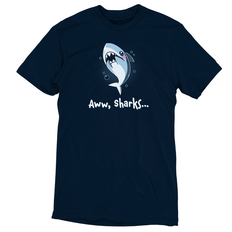 Premium Cotton T-shirt_TeeTurtle Aww, Sharks navy blue t-shirt featuring a cute cartoon shark with a blush on its face that swims with bubbles with a pun at the bottom that says, "Aww, Sharks". 