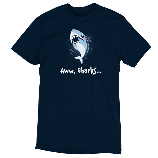 Premium Cotton T-shirt_TeeTurtle Aww, Sharks navy blue t-shirt featuring a cute cartoon shark with a blush on its face that swims with bubbles with a pun at the bottom that says, 