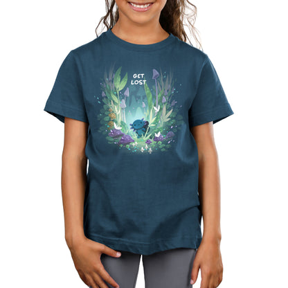 Premium Cotton T-shirt_TeeTurtle Axolotl Explorer denim t-shirt featuring an axolotl surrounded by vibrant, mystical forest plants and mushrooms, with the phrase "get lost" at the top.