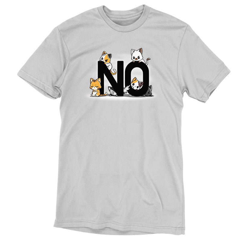 Premium Cotton T-shirt_TeeTurtle Bad Cattitude silver gray t-shirt featuring a group of six cats with grumpy faces. Large black letters spell out "NO."