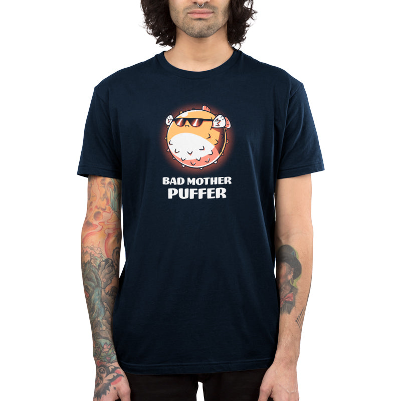 Premium Cotton T-shirt_TeeTurtle Bad Mother Puffer navy blue t-shirt featuring a pufferfish wearing sunglasses.