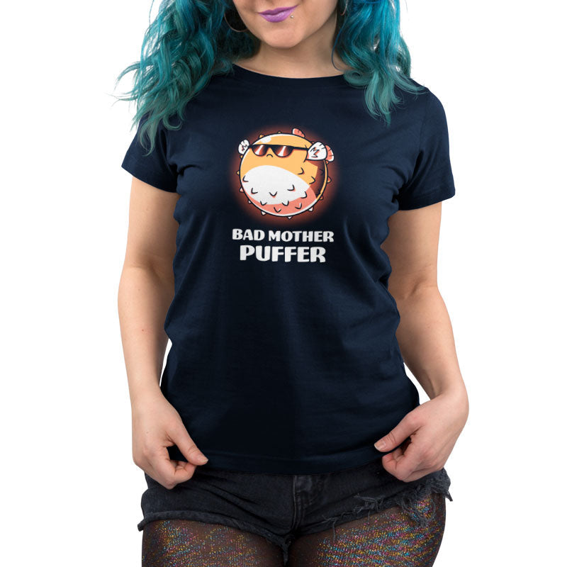 Premium Cotton T-shirt_TeeTurtle Bad Mother Puffer navy blue t-shirt featuring a pufferfish wearing sunglasses.