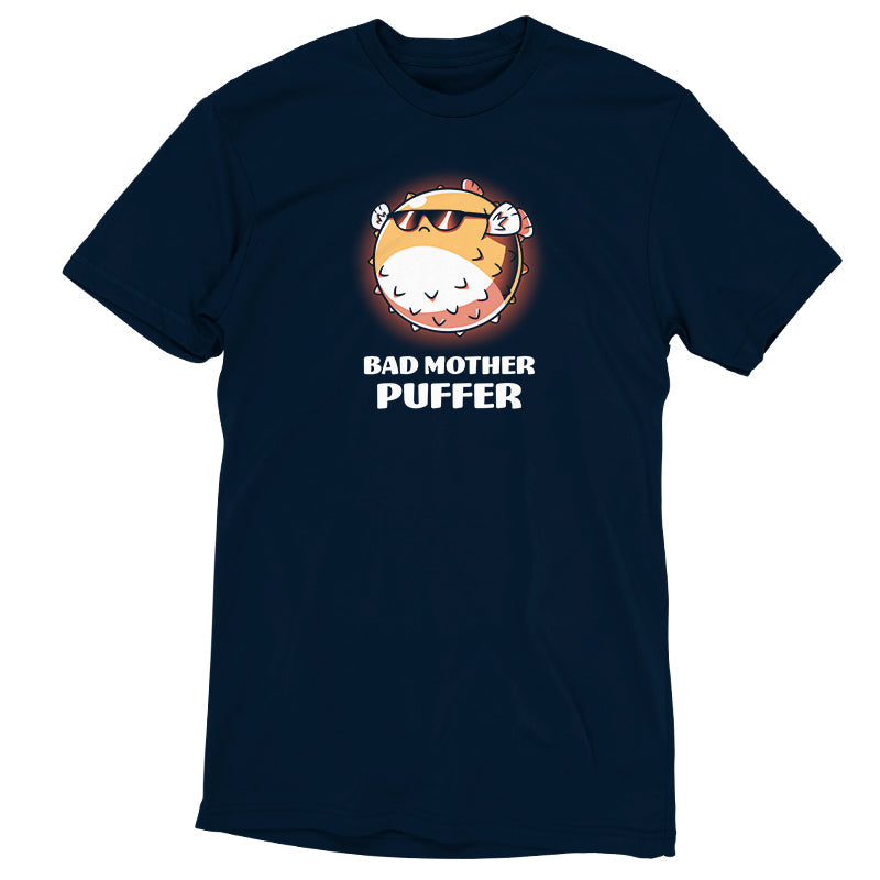 Premium Cotton T-shirt_TeeTurtle Bad Mother Puffer navy blue t-shirt featuring a pufferfish wearing sunglasses.