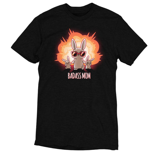 Premium Cotton T-shirt_TeeTurtle Badass Mom black t-shirt featuring an extreme bunny with an explosion behind her and holding hands with two little bunnies.