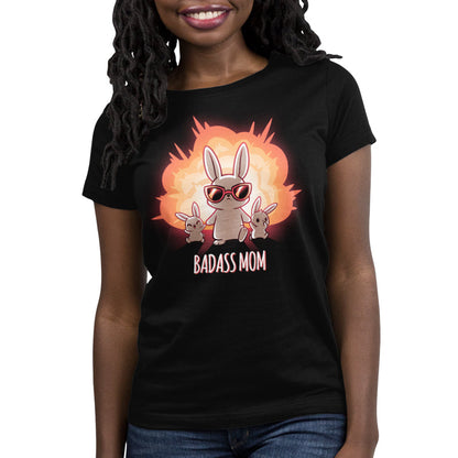 Premium Cotton T-shirt_TeeTurtle Badass Mom black t-shirt featuring an extreme bunny with an explosion behind her and holding hands with two little bunnies.