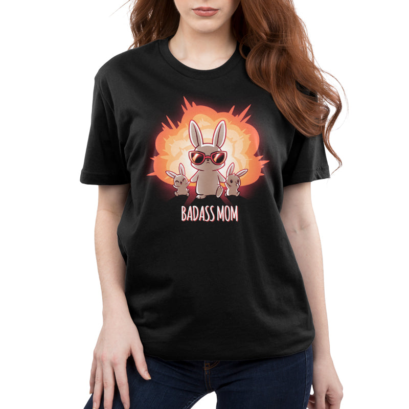 Premium Cotton T-shirt_TeeTurtle Badass Mom black t-shirt featuring an extreme bunny with an explosion behind her and holding hands with two little bunnies.