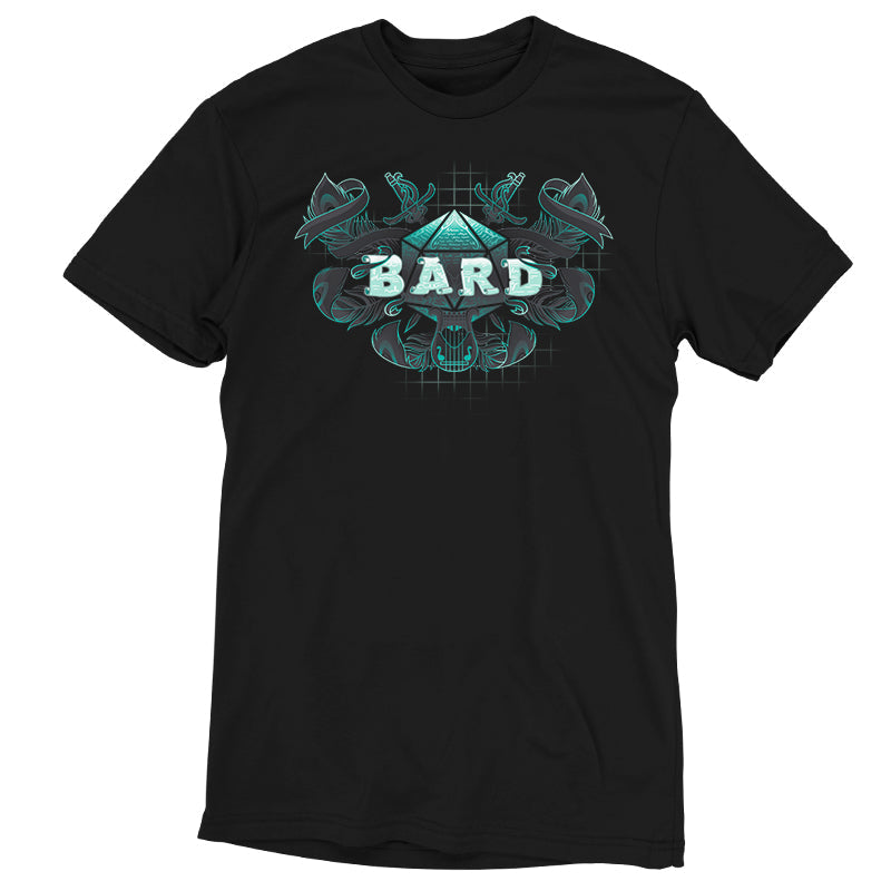 Premium Cotton T-shirt_TeeTurtle Bard Class black t-shirt featuring an artistic "Bard" word in front of a D20 device with swords going through and feathers around it and a lyre at the bottom.