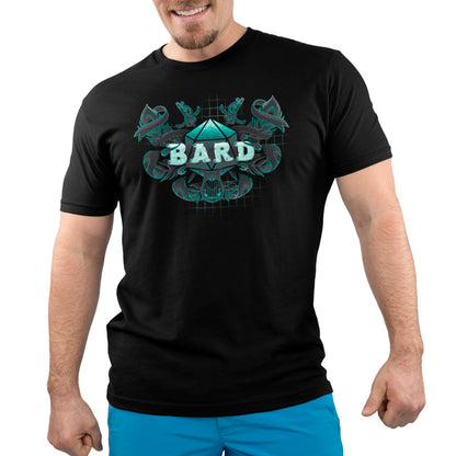 Premium Cotton T-shirt_TeeTurtle Bard Class black t-shirt featuring an artistic "Bard" word in front of a D20 device with swords going through and feathers around it and a lyre at the bottom.