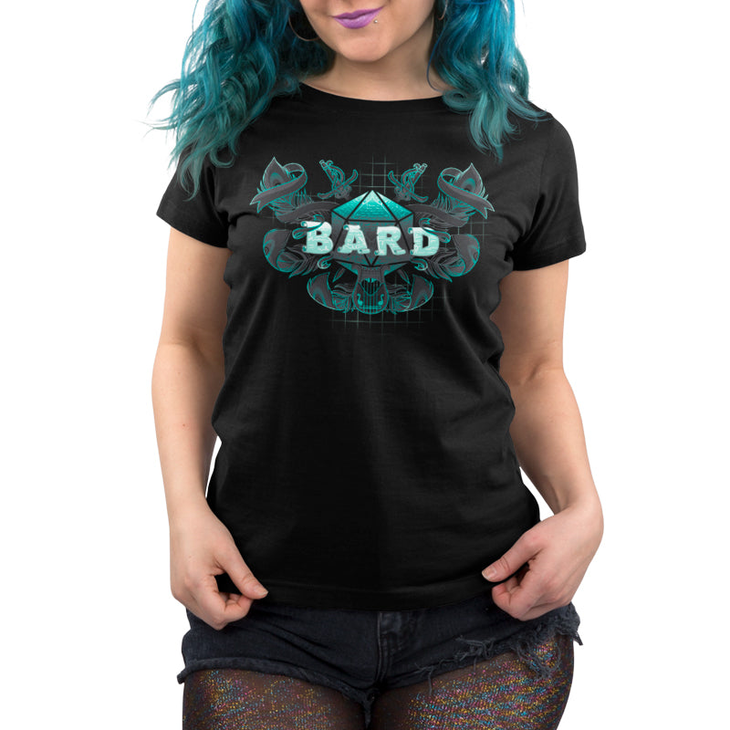 Premium Cotton T-shirt_TeeTurtle Bard Class black t-shirt featuring an artistic "Bard" word in front of a D20 device with swords going through and feathers around it and a lyre at the bottom.