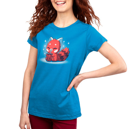 Premium Cotton T-shirt_TeeTurtle Boba Red Panda Cobalt Blue t-shirt featuring a cute red panda cartoon happily drinking bubble tea with a straw against a blue background with sparkles.