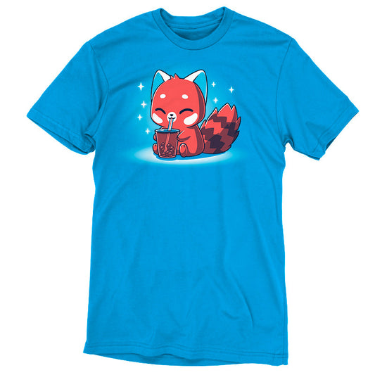 Premium Cotton T-shirt_TeeTurtle Boba Red Panda Cobalt Blue t-shirt featuring a cute red panda cartoon happily drinking bubble tea with a straw against a blue background with sparkles.