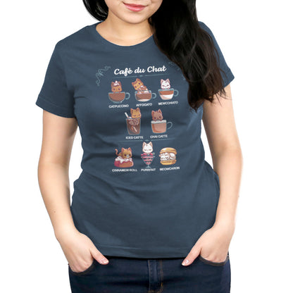 Premium Cotton T-shirt_TeeTurtle Cafè Du Chat denim blue t-shirt featuring a menu titled "Café du Chat" featuring cats in different beverages and desserts: Catpuccino, Affogato, Mewcchiato, Iced Catte, Chai Catte, Cinnamew Roll, Purrfait, and Meowcaron.