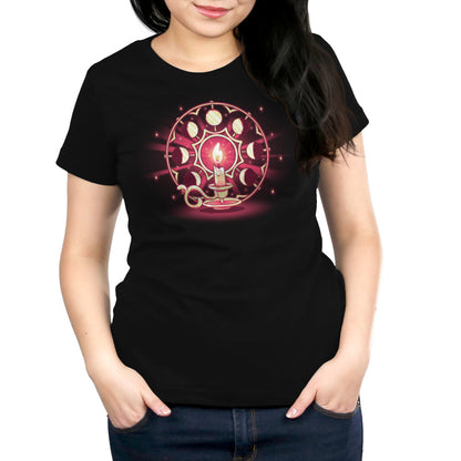 Premium Cotton T-shirt_TeeTurtle Candlelit Orbit black t-shirt featuring a lit candle on a holder in front of a circular arrangement depicting the lunar cycle, with glowing stars in the background. 