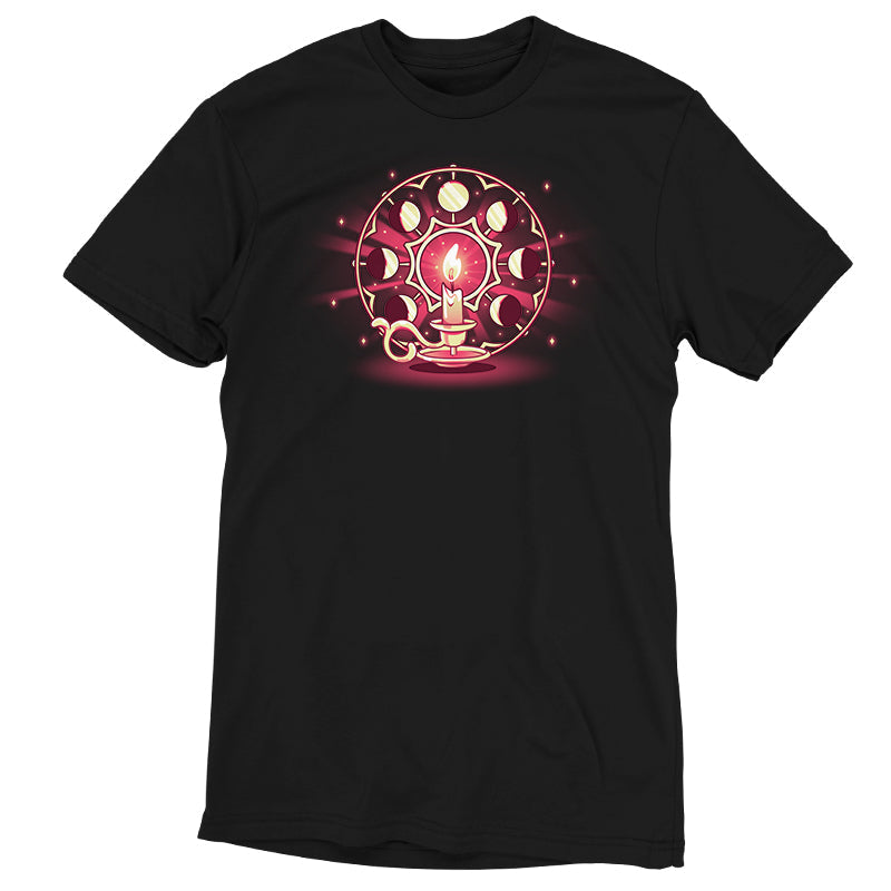 Premium Cotton T-shirt_TeeTurtle Candlelit Orbit black t-shirt featuring a lit candle on a holder in front of a circular arrangement depicting the lunar cycle, with glowing stars in the background. 