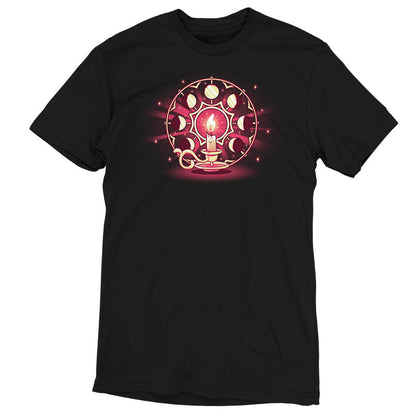 Premium Cotton T-shirt_TeeTurtle Candlelit Orbit black t-shirt featuring a lit candle on a holder in front of a circular arrangement depicting the lunar cycle, with glowing stars in the background. 