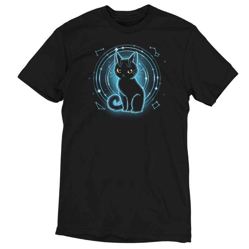 Premium Cotton T-shirt_TeeTurtle Celestial Cat black t-shirt featuring a celestial cat in front of a starry background.