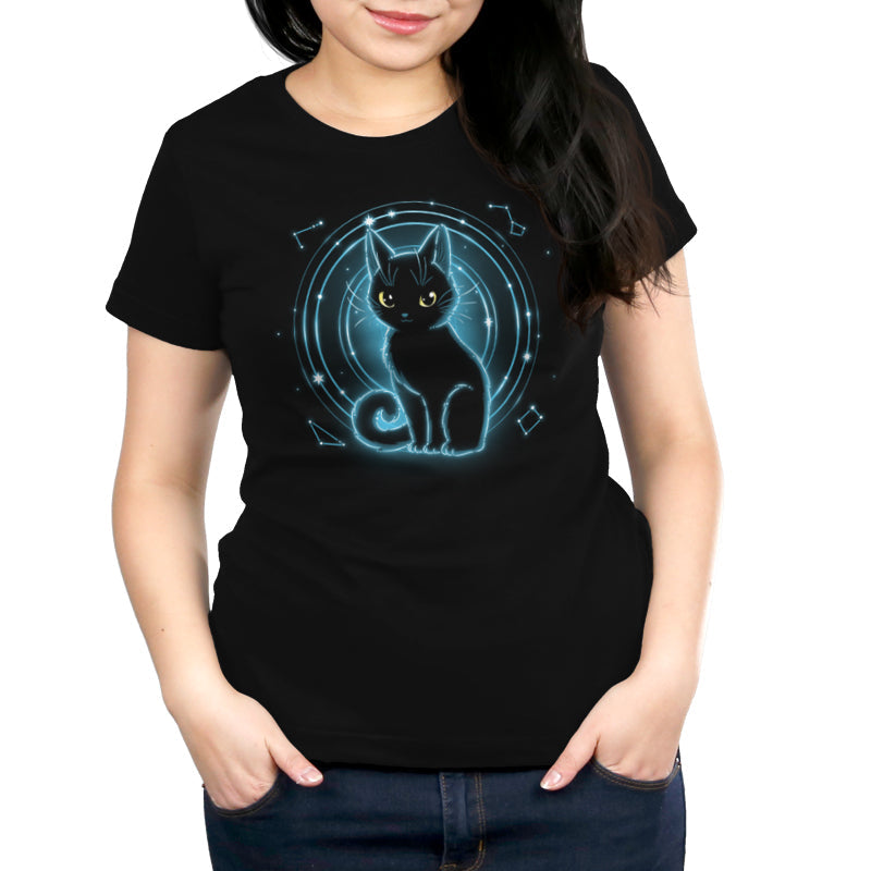 Premium Cotton T-shirt_TeeTurtle Celestial Cat black t-shirt featuring a celestial cat in front of a starry background.